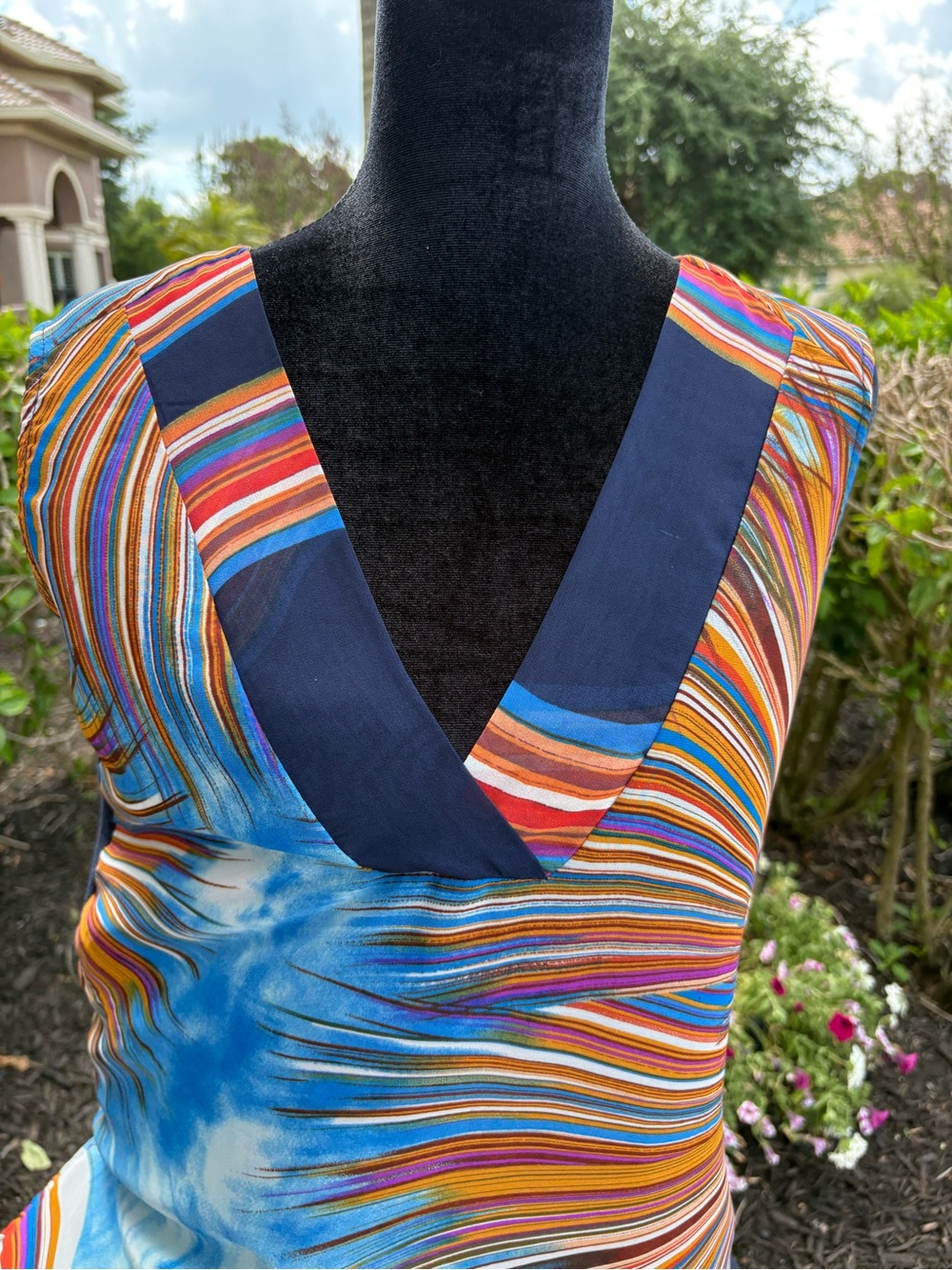 Vibrant Multicolor Striped Mini Dress with Navy Trim